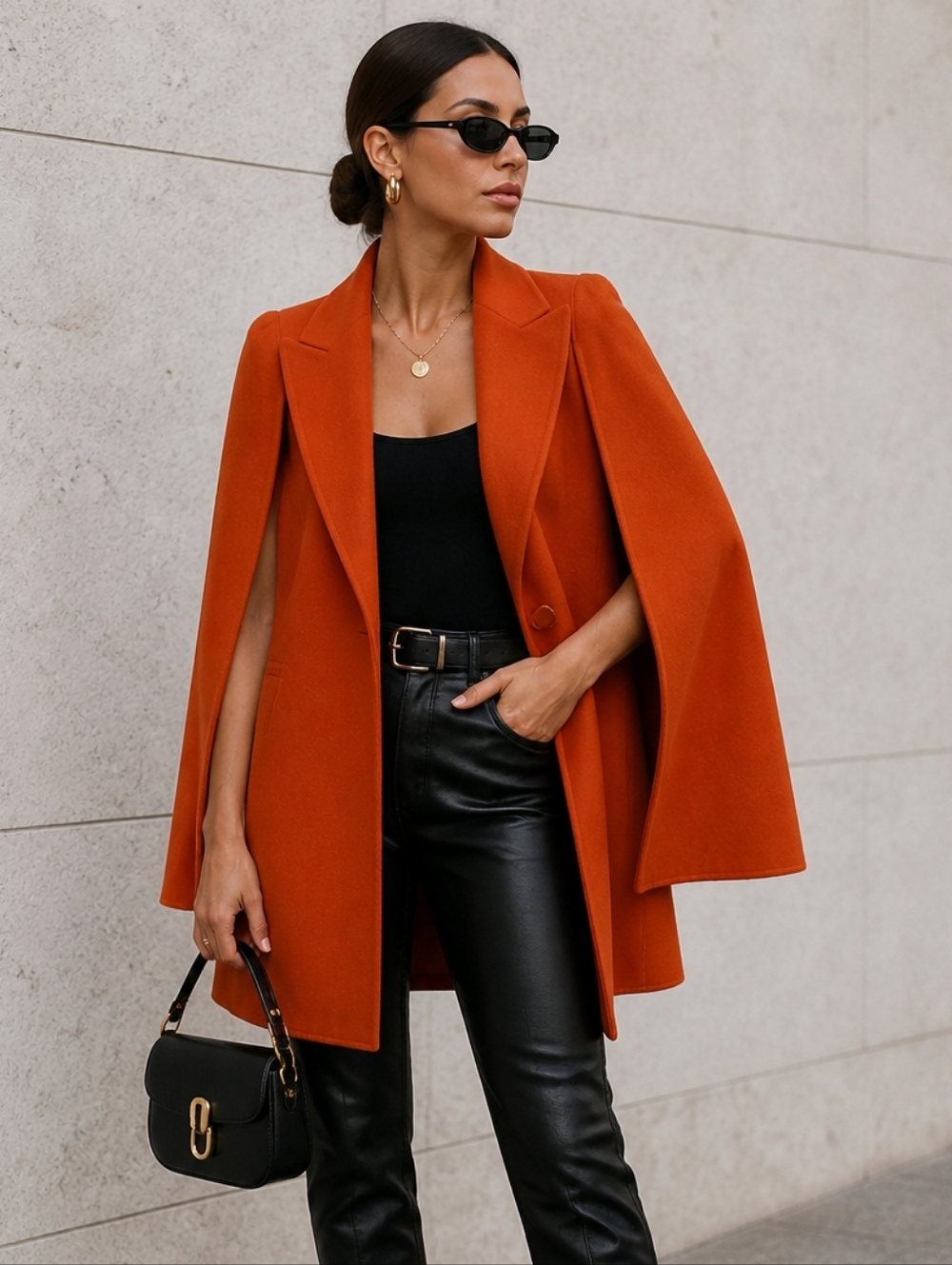 Minimalist Women's Cape Blazer Single-Button Orange Wool Coat